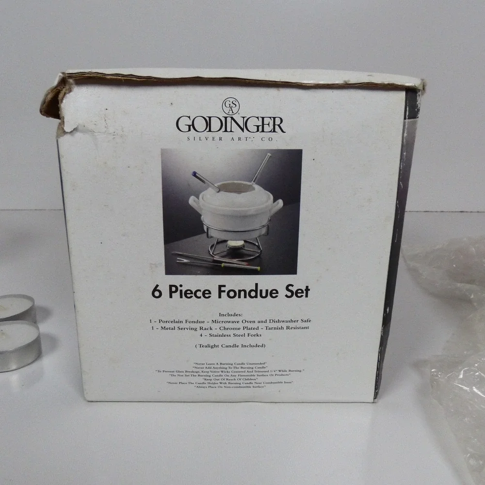 GODINGER 6 PC Cheese FONDUE Set Porcelain Casserole 4 Forks Metal Stand Oven New